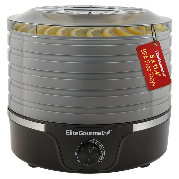 Elite Gourmet EFD319BNG Deshidratador de alimentos, 5 bandejas sin BPA de 11.4 pulgadas, controles de temperatura ajustables, ceca, hierbas, frutas, verduras, aperitivos secos, negro y gris, 5