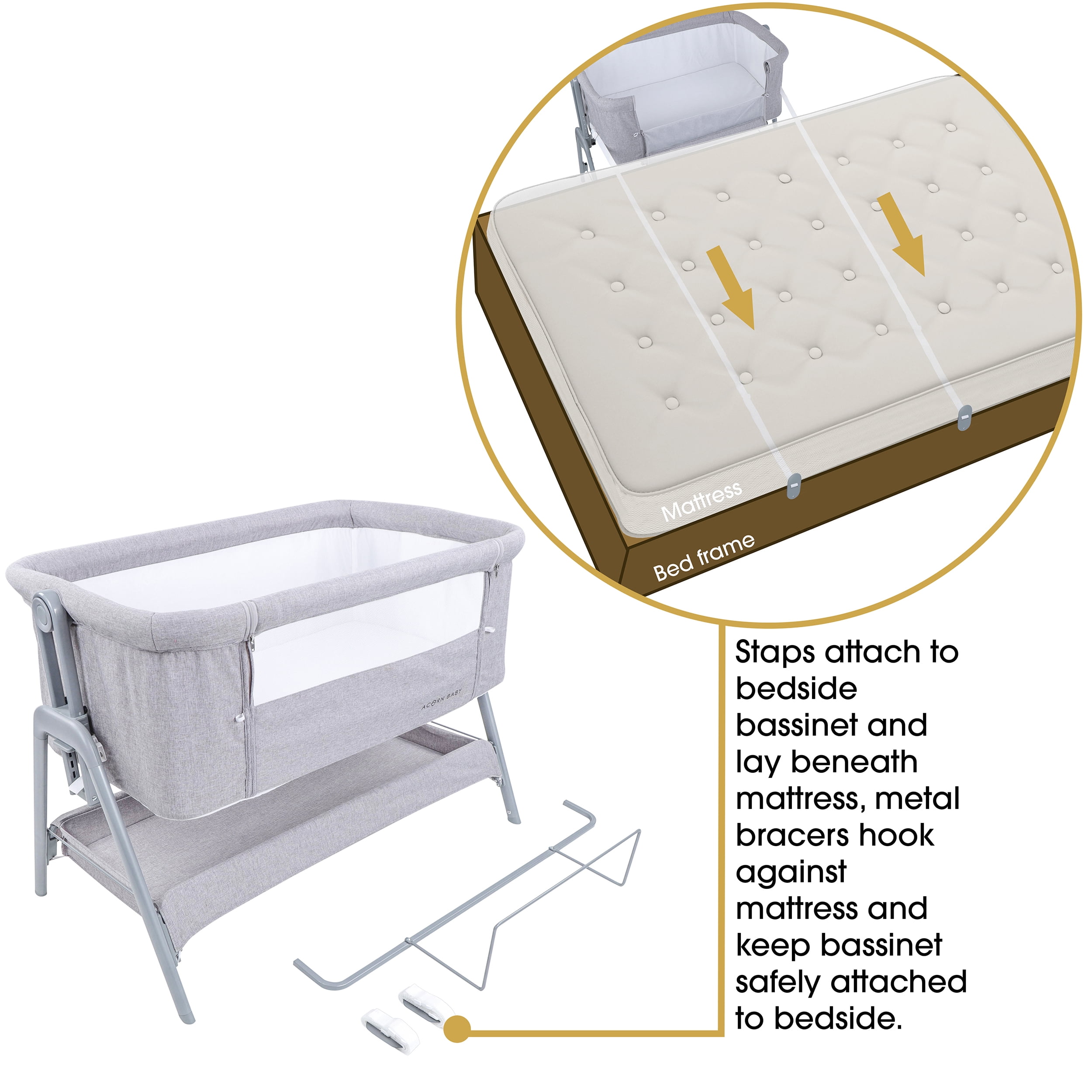 Acorn Baby Bedside Bassinet, Gray Baby Bedside Sleeper, Portable Bassinet  Case