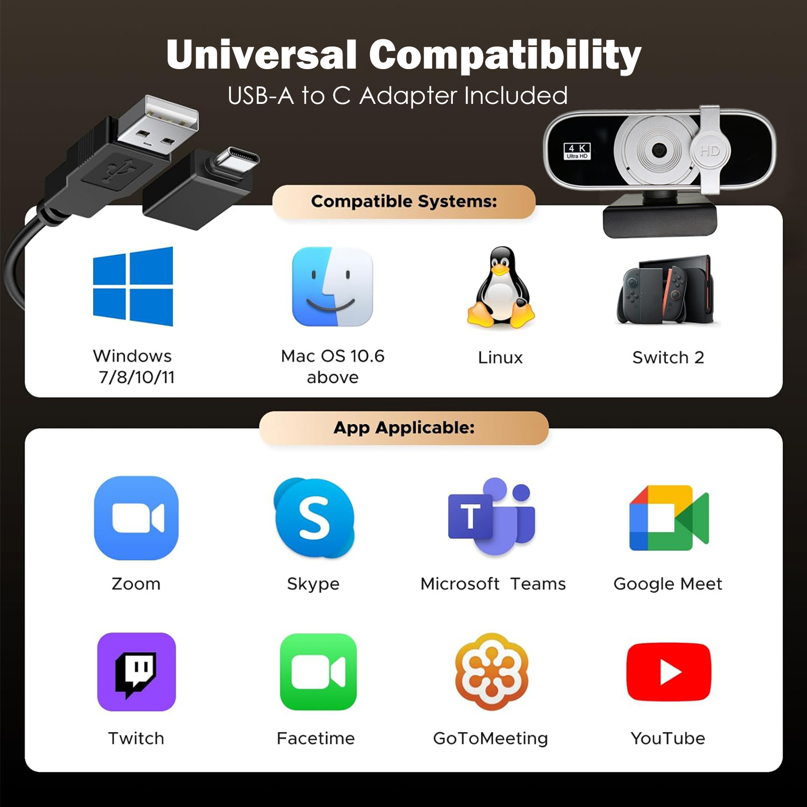 RONY 4K Webcam with Auto Focus & Noise-Canceling Mic Plug & Play PC Camera Compatible with Windows 10/8/7, Vista/7/8/10, Silver