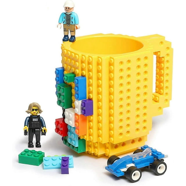 Assembled Brick Coffee Cup, Fun DIY Novelty Cup with Building Blocks Creative Christmas Birthday Gift for Kids Men Women (Yellow)