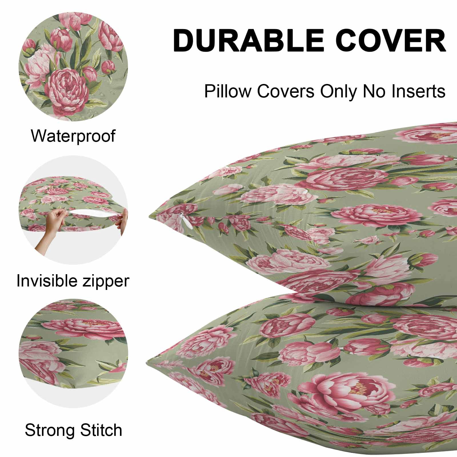 Outdoor Waterproof Throw Pillow Covers Set of 2 Pink Rose Floral Decorative Pillowcases Square Outdoor Pillows Cushion Case 18x18 Inch Sage Green Leaves Flowers Patio Pillows for Couch Sofa Bed