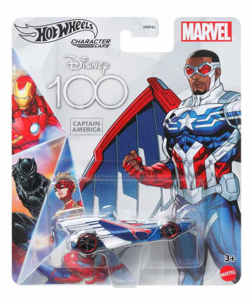 Hot Wheels Disney 100 Marvel Character Cars, Captain America and Captain Marvel, 2-Pack Collectible Die-Cast Vehicles