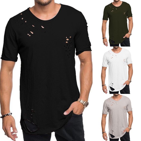 Mens Ripped Distressed Cotton Shirts Vintage Hipster Hip Hop Longline Crew Neck T-Shirt Size 2XL White