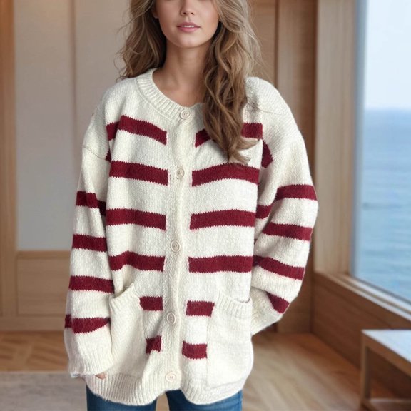 ClodeEU Striped Cardigan Sweaters for Women,Long Sleeve Button Down Sweaters,Fall Winter Sweaters with Pockets White,Womens Plus M