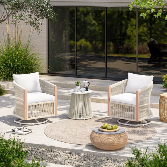 LAUSAINT HOME 3-Piece Patio Bistro Set, Oversized Swivel Rocking Wicker Rope Chairs with Cushions and Coffee Table, Beige