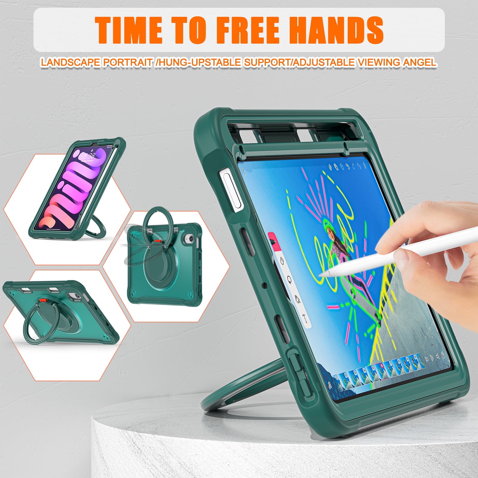 Dteck Case for iPad mini (A17 Pro) 8.3 inch 2024 / iPad mini 6th Generation,Military Grade Shockproof TPU Protective Cover for Kids with Stand -Grip Handle - Shoulder Strap - Pencil Holder,Darkgreen