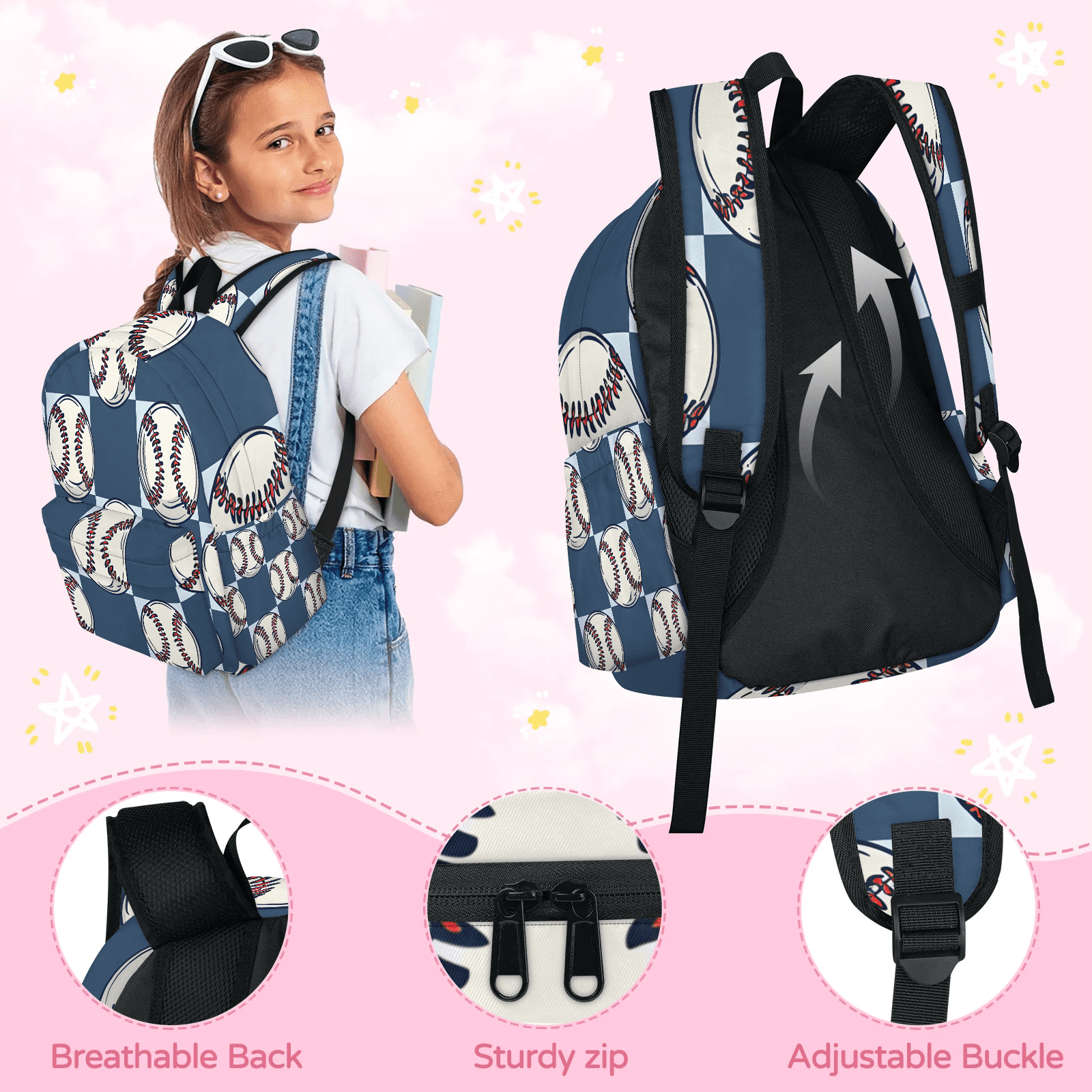 Herdesigns Baseball Backpack for Men Women, Lightweight Laptop Backpack 16.3 Inch Baseball Print Casual Daypack for Travel Work Commuter