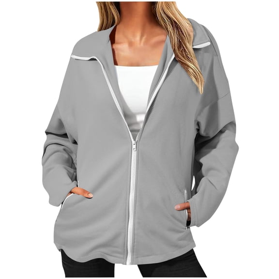 Qgtaibl Women's Fleece Zip Up Jacket Solid Color Lapel Long Sleeve Outerwear Coat Fall Loose Fit Daily Warm Tops with Pockets Gray L