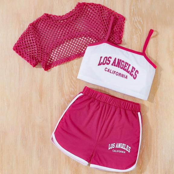 Little Girls Shorts Set Outfits Set Sleeveless Matching Sets Summer 3 Piece Set Loose Fit Top Shorts Combo For Outdoor Activities Comfortable Breathable Playwear Clothes Set Hot Pink 7-8 Years