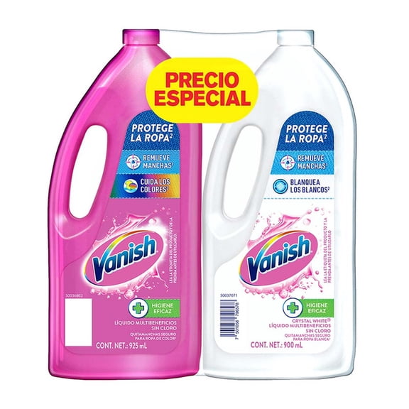Quitamanchas liquido para ropa Vanish rosa 925 ml  y blanco 900 ml