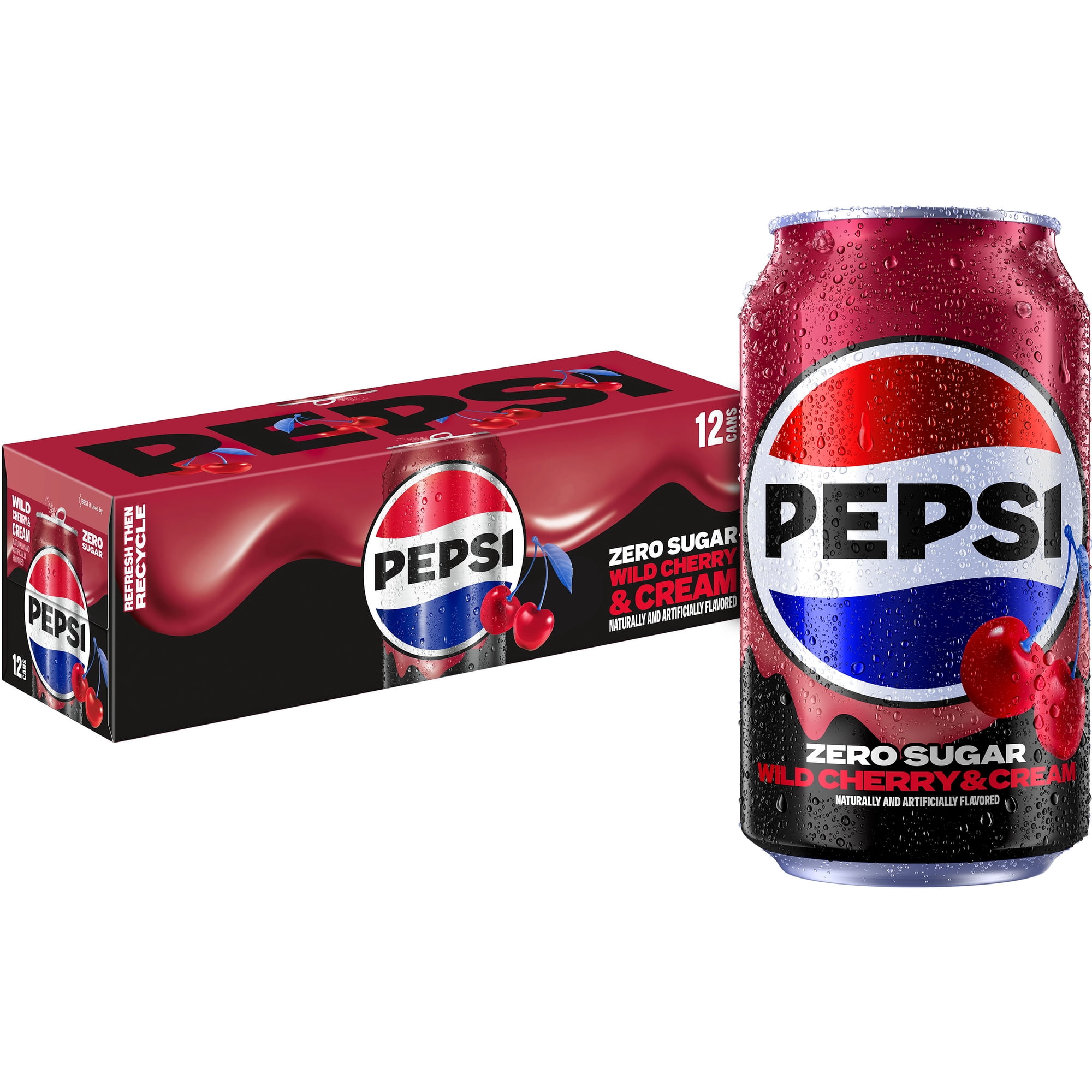 Pepsi Zero Sugar Soda Wild Cherry & Cream 12 fl oz, 12 Count Cans