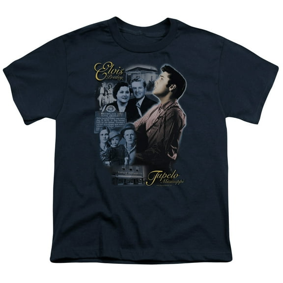 Trevco ELV169-YT-2 Elvis Presley & Tupelo Youth 18-1 Short Sleeve T-Shirt, Navy - Medium