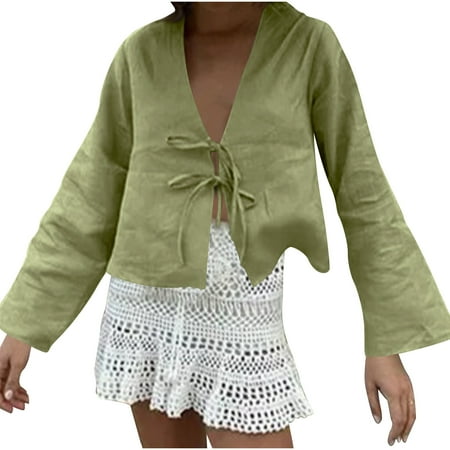 JGGSPWM Women s Tie Front Top  Bow Linen Shirt for Summer  White Y2K Long Sleeve Blouse  Lace Up Ruffle Babydoll Tunic  Cute Going Out Top Green#/001 S