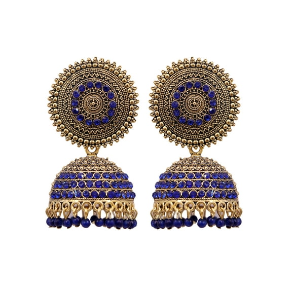 Crunchy Fashion Bollywood Jewellery Traditional Ethnic Bridal Bride Wedding Bridesmaid Oxidised Gold-Plated Handcrafted Blue Stone Jhumka Earrings