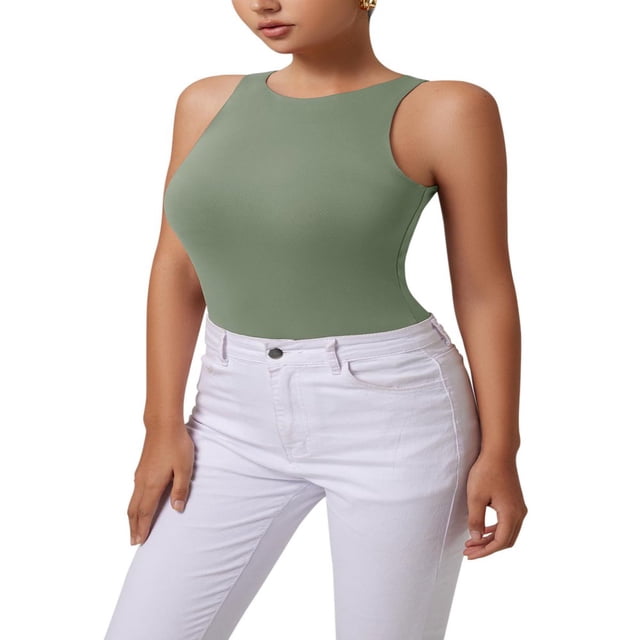 QJUHUNG Tank Bodysuit for Women Halter Neck Sleeveless Ribbed Bodysuit Basic Tank Tops