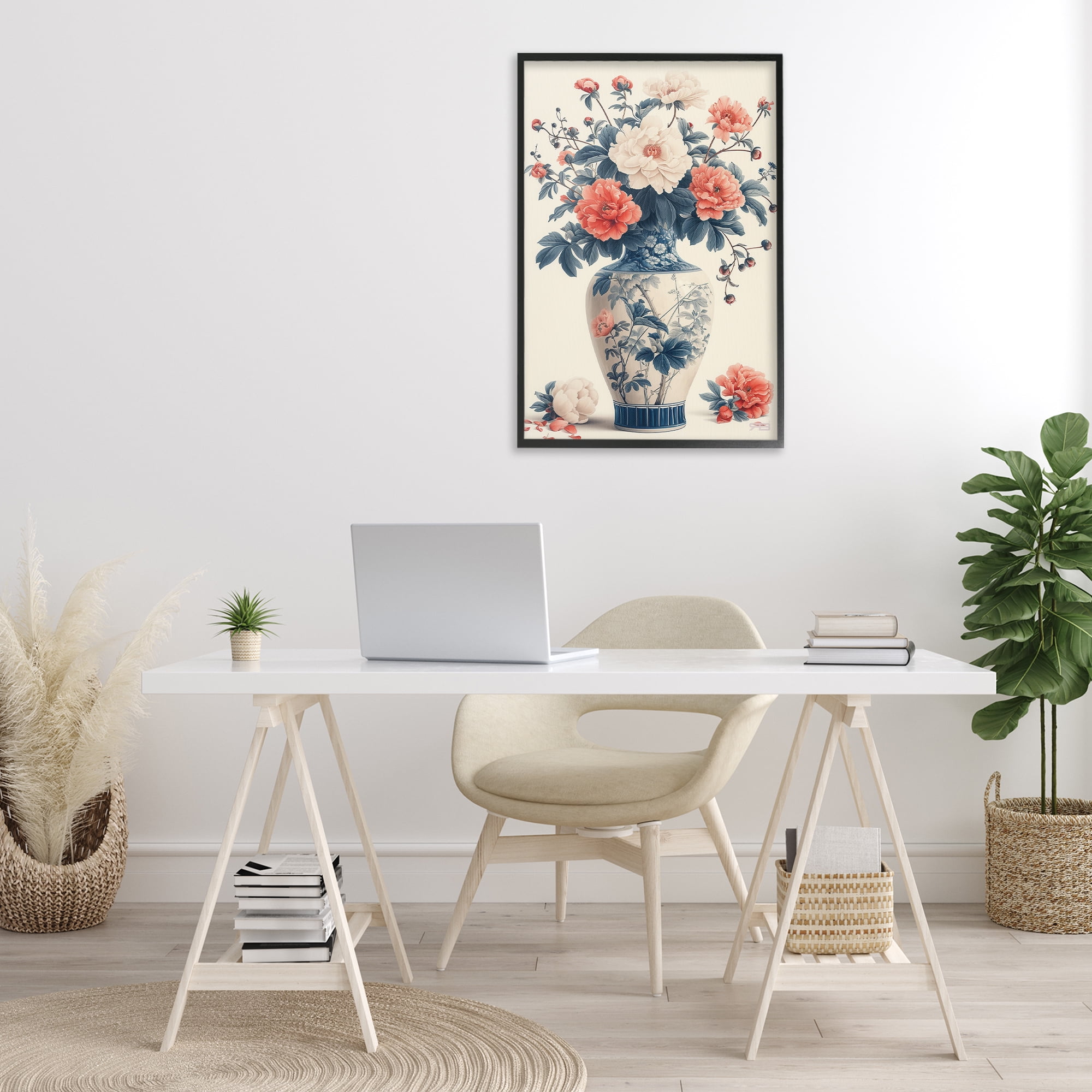 Stupell Industries Vintage Eastern Vase Botanical & Floral Painting Black Framed Art Print Wall Art, 20 x 30