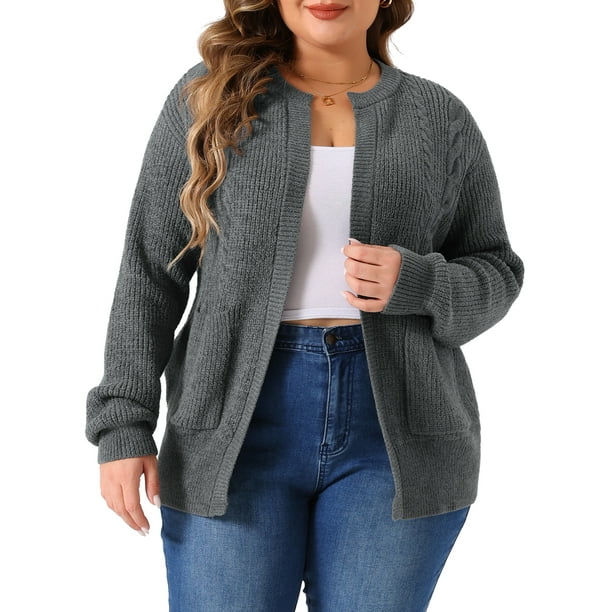 Suéteres de cárdigan de mujer GRACE & GRANDEUR de talla grande, de manga larga, cuello redondo, cárdigan de punto clásico con bolsillos 3X gris