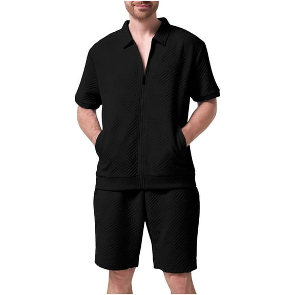 LADIGASU Summer Men's Casual Solid Color Short Sleeved Lapel Drawstring Elastic Waist Set