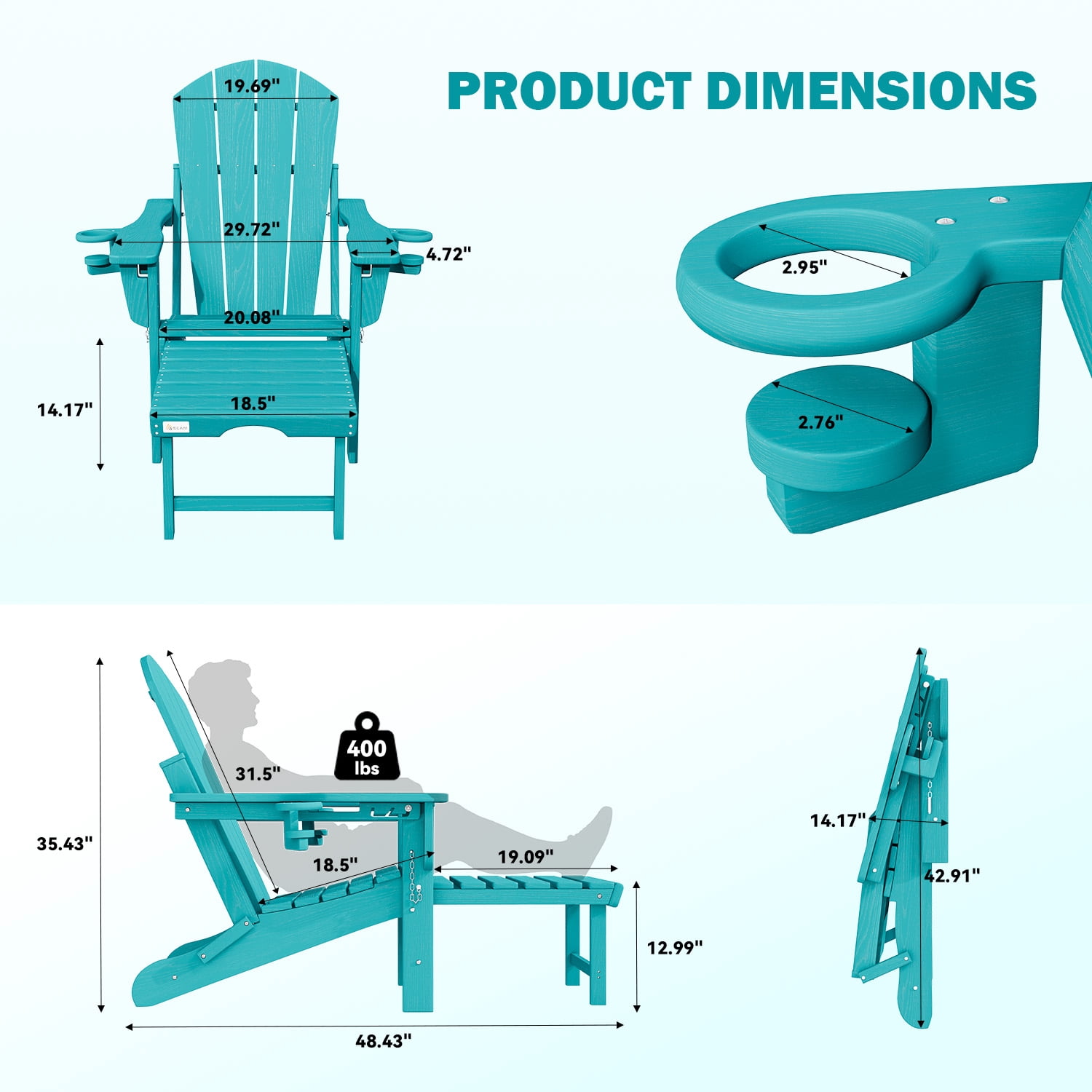 Erinnyees 3-Level Adjustable Adirondack Chair with Retractable Ottoman, HDPE All-Weather Folding Fire Pit Chair with 2 Cup Holders, Outdoor Chair for Garden