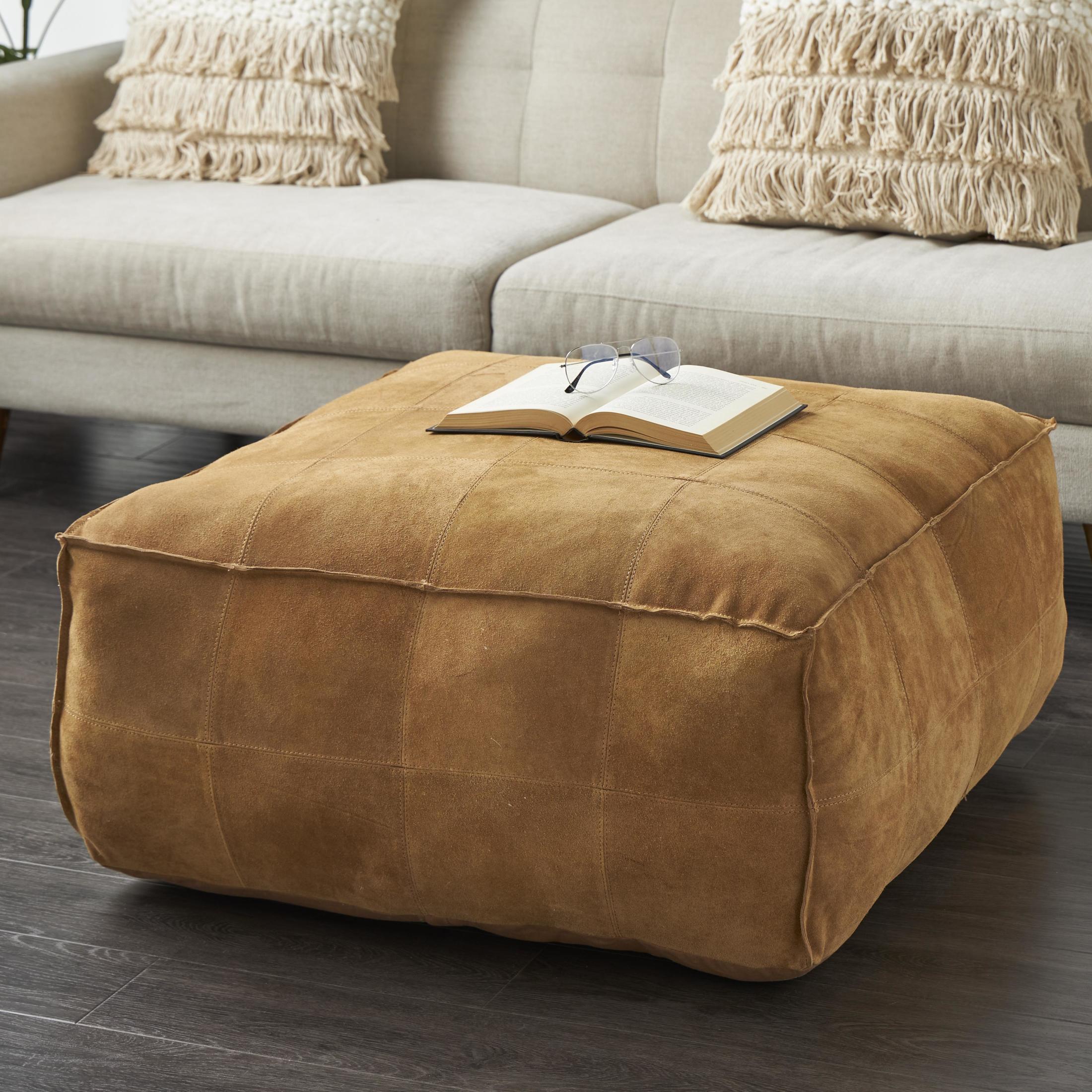 DecMode Patchwork Low Profile Square Brown Leather Pouf with Patchwork Design