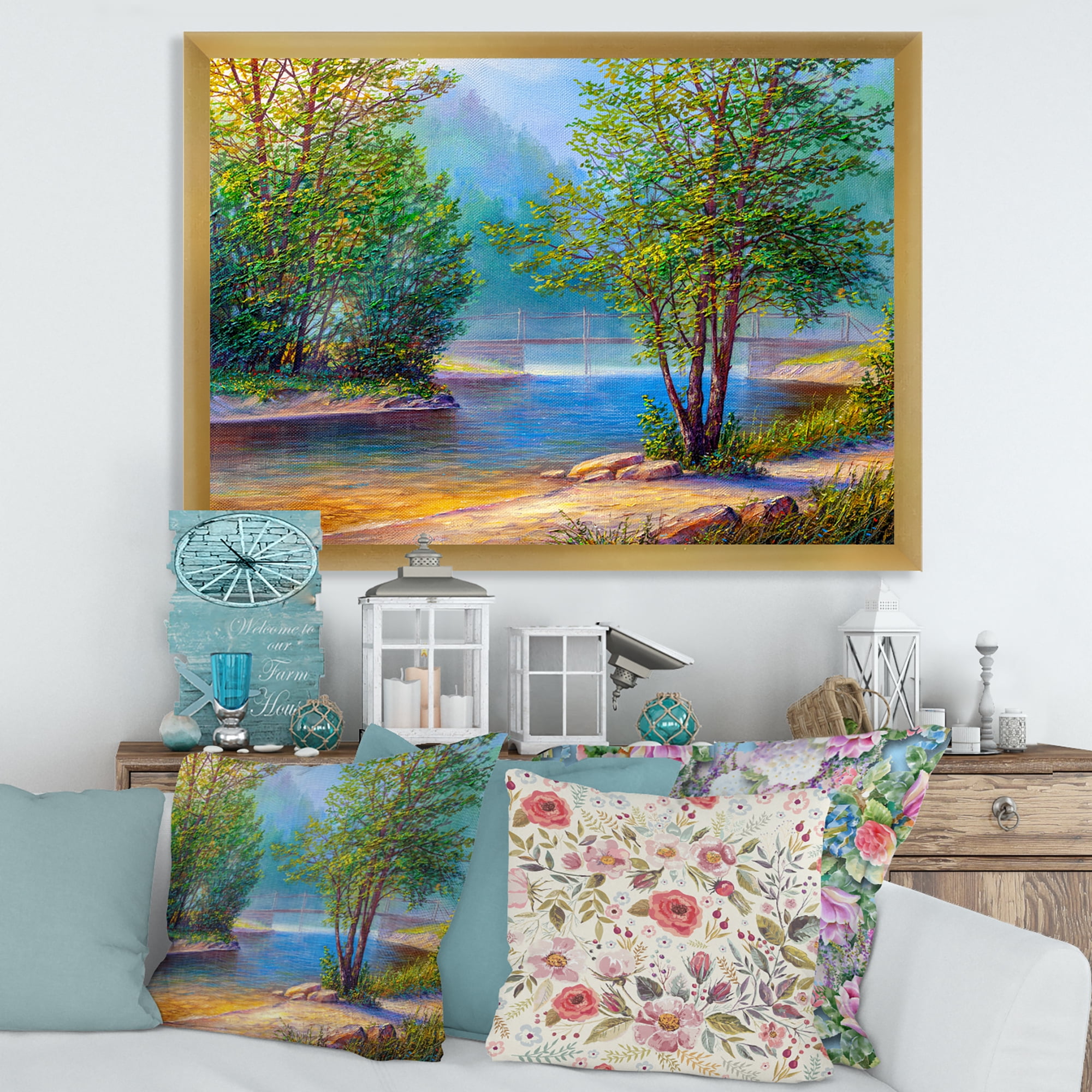 Designart 'Green Trees By The Bridge Over River' Traditional Framed Art Print