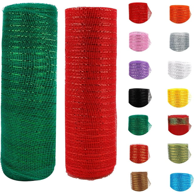 2 Rouleaux Ruban Maille Rouge, Déco de Noël Maille 10 Pouces x 30 Pieds Chaque Rouleau, Ruban Métallique Rouge avec Feuille pour Décorations de Sapin de Noël Décorations de Fête d'Halloween Couronnes Artisanales, Rojo y verde