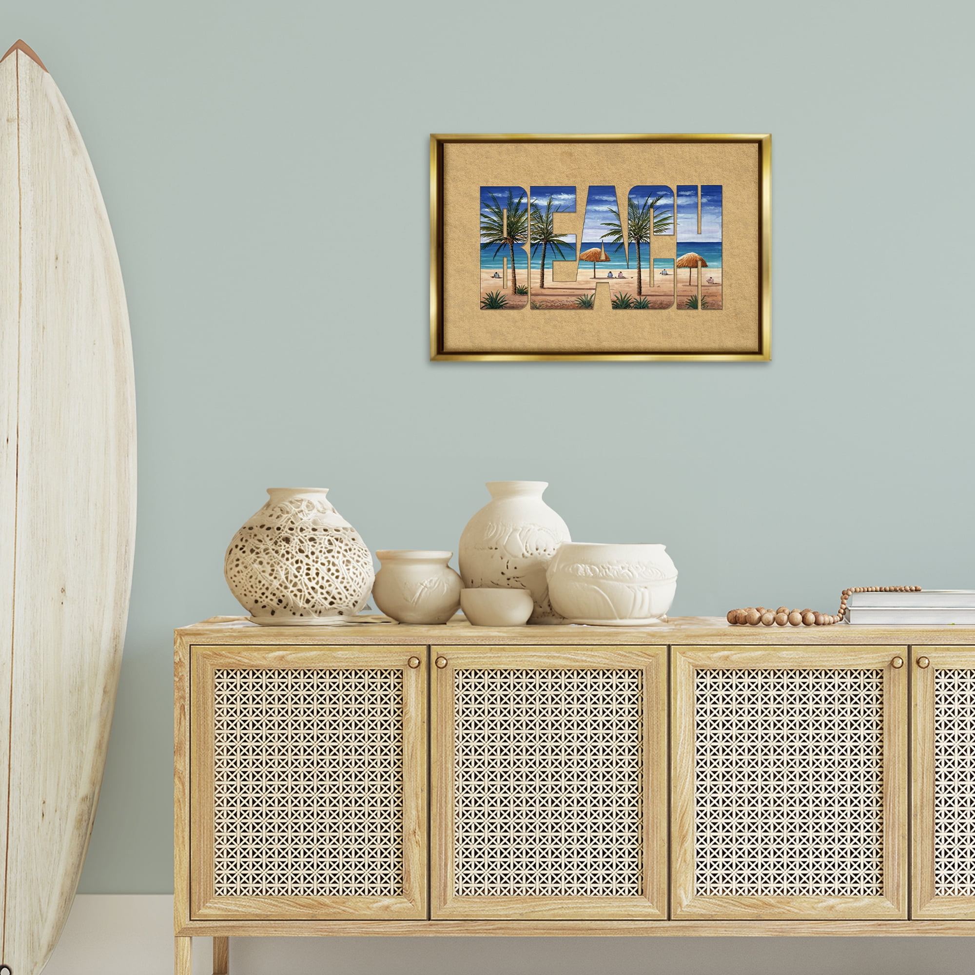 Stupell Industries Tropical Beach Outline Nautical & Beach Painting Gold Floater Framed Canvas Art Print Wall Art, 25 x 17