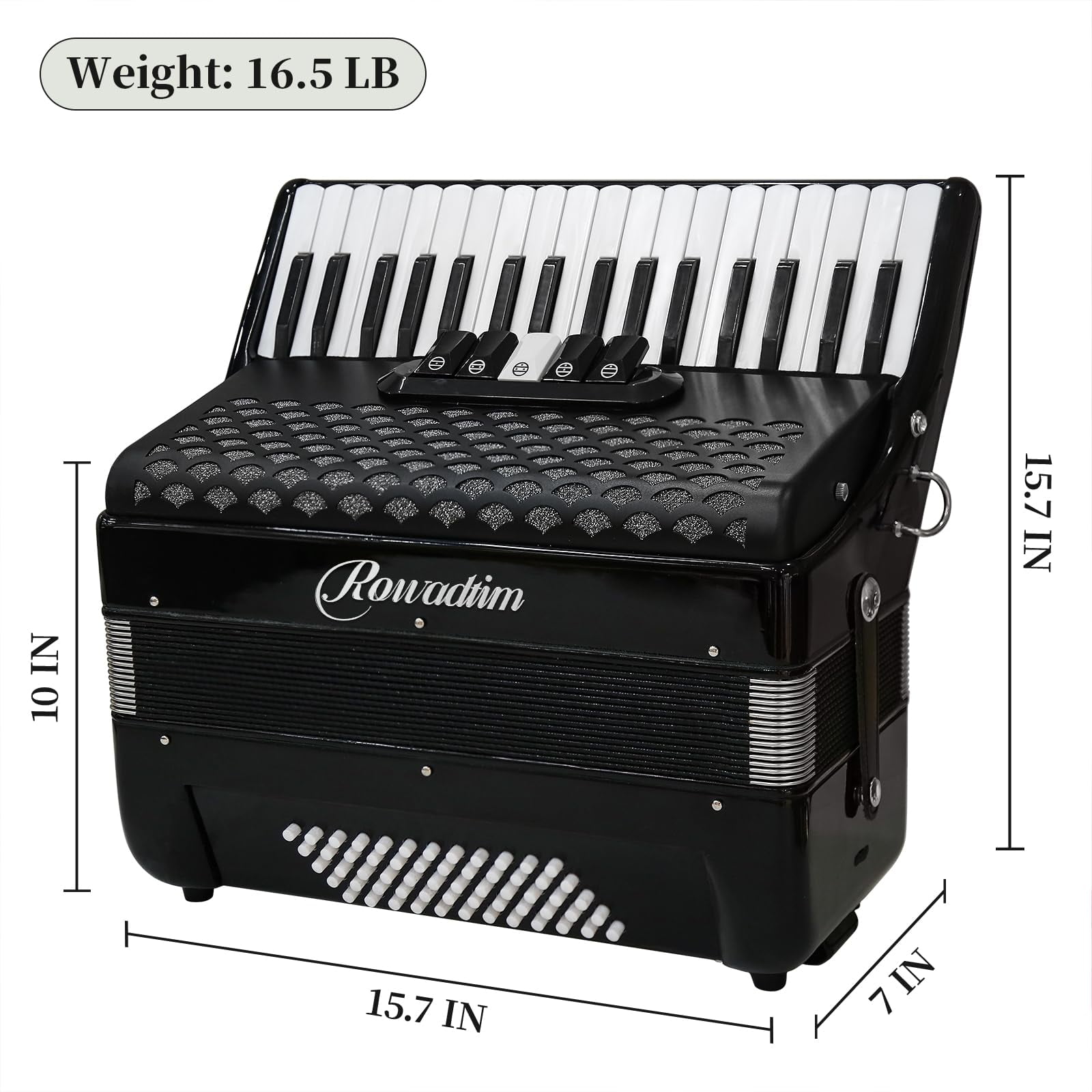 Rowadtim 34-Key Accordion, 60-Bass Accordion — Perfect for Beginners and Ideal Choice for Musicians and Teachers; with Carrying Case, Shoulder Strap, Gloves and  Cleaning Cloth (Black)