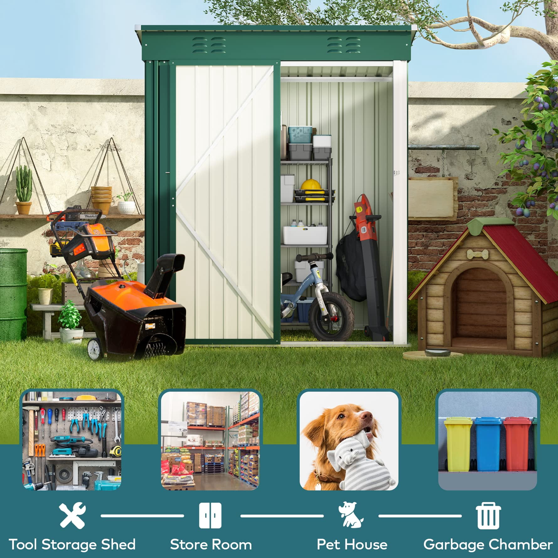 5x3 ft Outdoor Storage Shed, Metal Garden Tool Shed with Lockable Doors, for Outsides,Yard, Backyard Patio, Lawn - Green