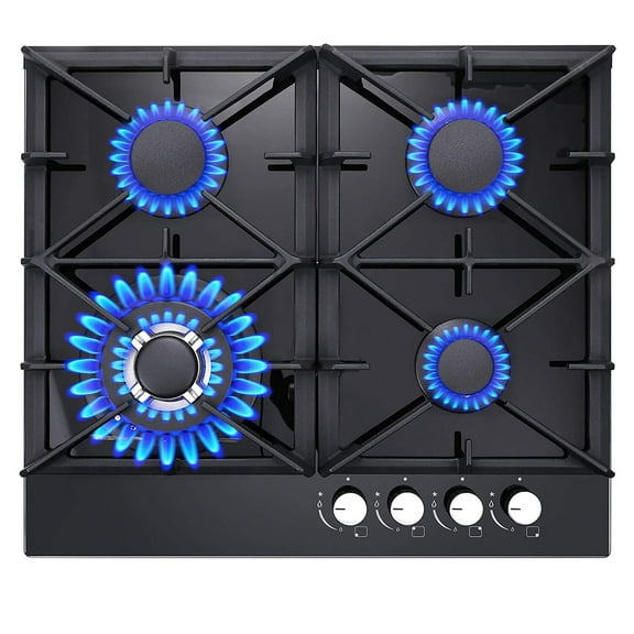 Gas Cooktop 24in Black Tempered Glass 4 Burners Built-in Hob NG/LPG Convertible