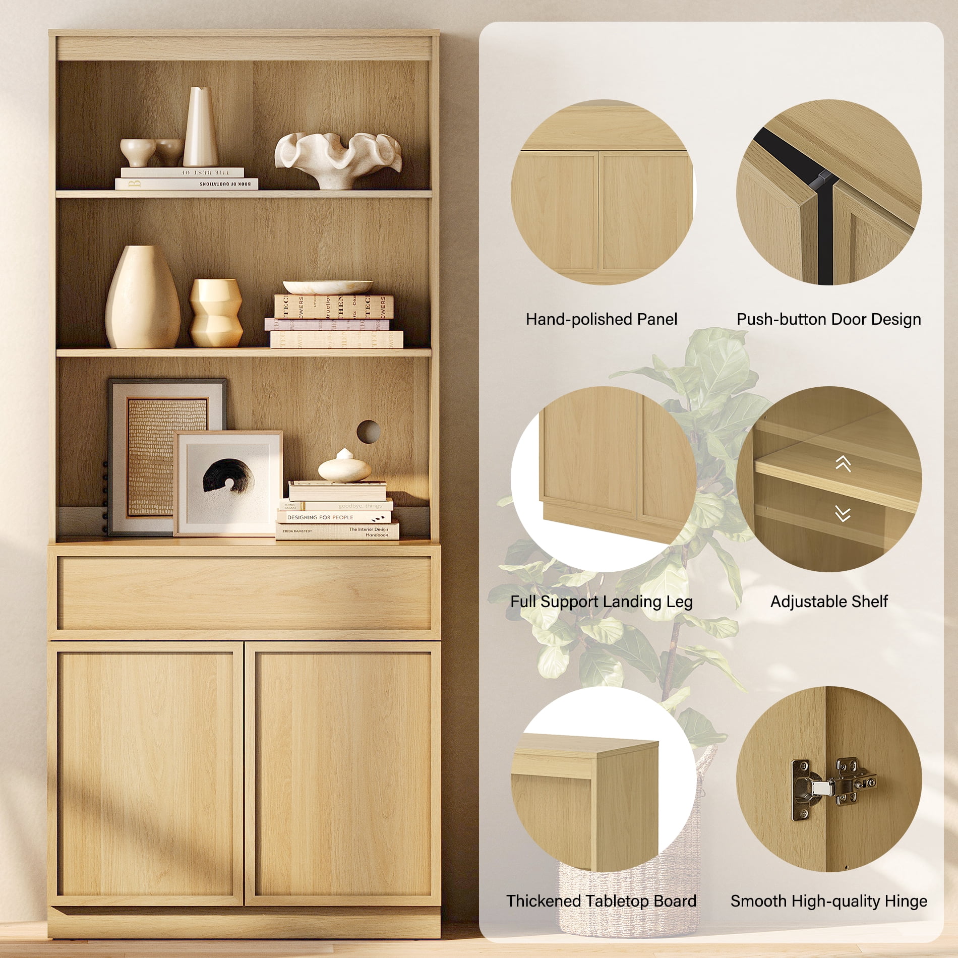 Modern 72" Tall Bookcase with Doors, Drawers & Adjustable Shelves, Wood Bookcase with Storage Cabinet and Open Shelving,Oak