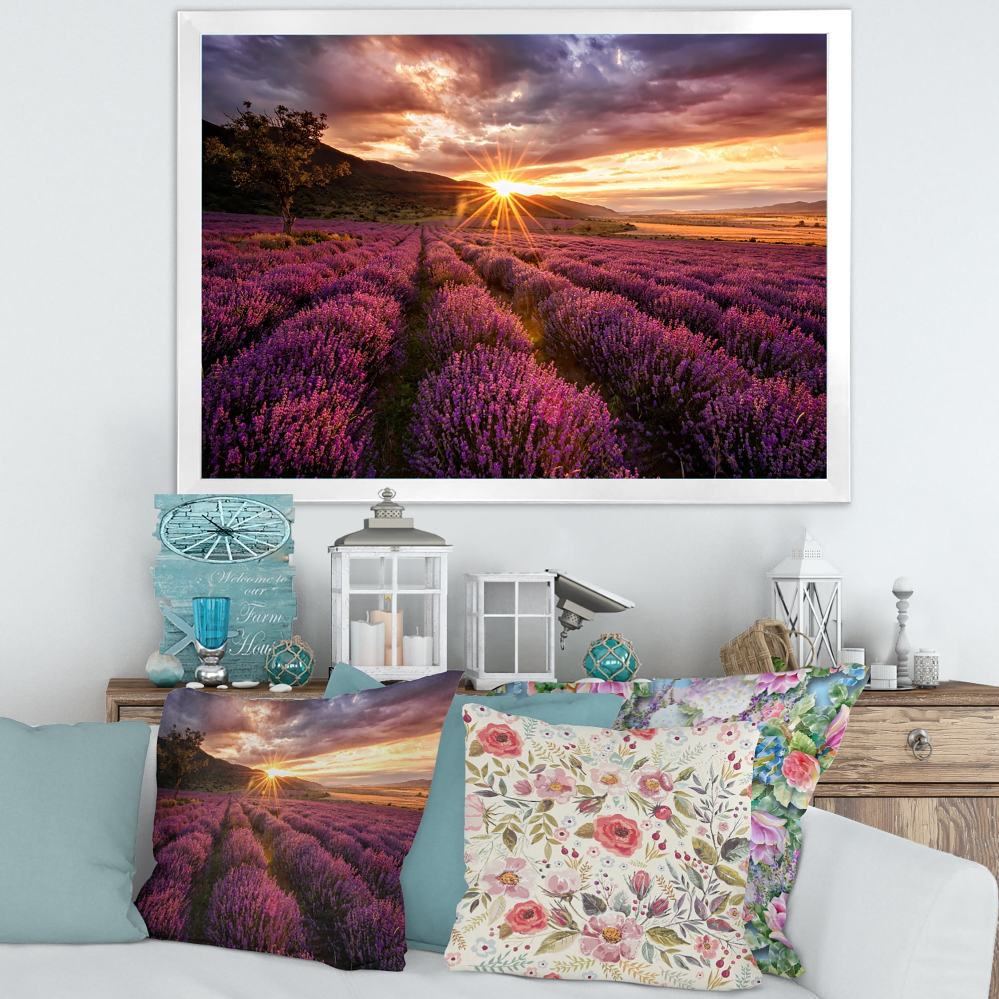 Designart 'Dramatic Clouds and Sunrise Over Lavender Field IV' Farmhouse Framed Art Print