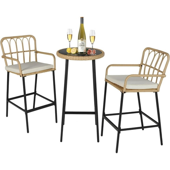 ENSTVER 3-Piece Patio Rattan Bar Set,Outdoor High Top Table and Chairs Set with Cushions&1 Tempered Glass Bar Table,Patio Bistro Dining Bar Set for Backyard, Garden, Balcony