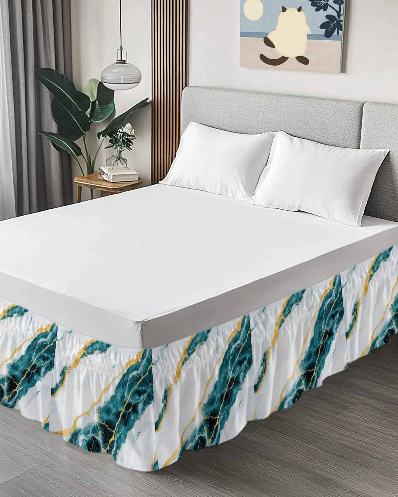 Marble Turquoise Wrap Around Bed Skirts for Queen Bed 16" Drop,Bed Skirt with Adjustable Elastic Belt Dust Ruffle Bed Valance for Bedroom Hotel Gold Foil Ceramic Style Crack Scratch Bed Frame Cover