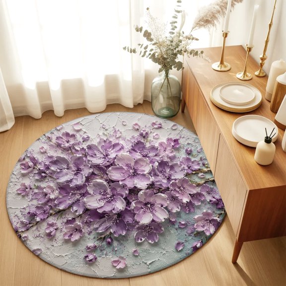 Round Rugs 6Ft, Purple Flowers Abstract Round Area Rug Washable Indoor Throw Carpet, Vintage Country Floral Modern Art Soft Non Slip Circle Rug for Office Cabinet Home Decor Aesthetic