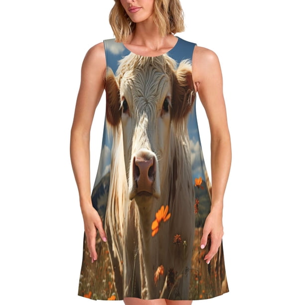 Balery Daisy Meadow Cow Vestidos de verano para mujer con estampado: vestido holgado sin mangas, vestido playero informal y cómodo para días calurosos.