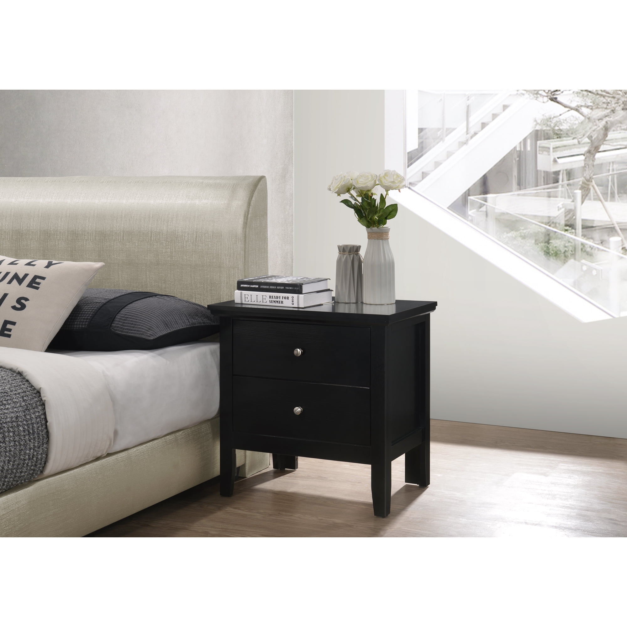 Nightstand with 2 Spacious Drawers Particle Board End Table with Elegant Black Finish Compact 24 H x 24 W x 16 D Bedside Storage Table for Bedroom and Small Space Living Areas