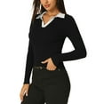 thumbnail image 4 of INSPIRE CHIC Women's Fitted Knit V Neck Contrast Color Long Sleeve Polo Sweater Tops L Black, 4 of 6