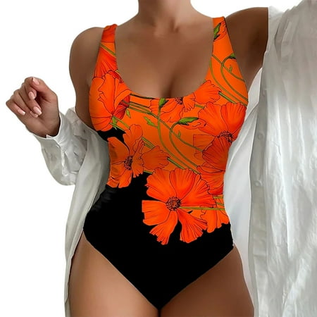 Bathing Suit for Women V-Neck Tummy Control One Piece Maxi Wrap Skirts Floral Print Swimsuit Chest Pad Bodysuit Skirt Swim Suits Trendy 2025 Orange