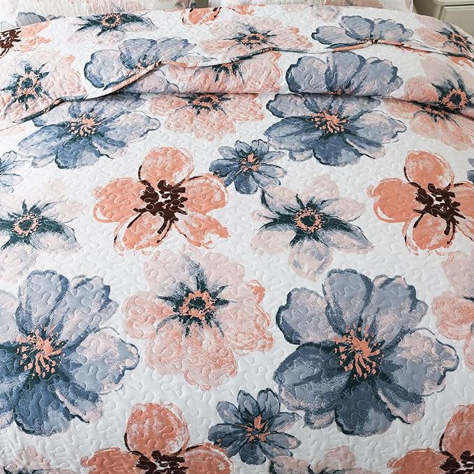 WannaToo Quilts Queen Size - 3 Piece Microfiber Quilt set Reversible Bedspreads Patchwork Coverlets Floral Bedding Set All Season, Blue and Pink