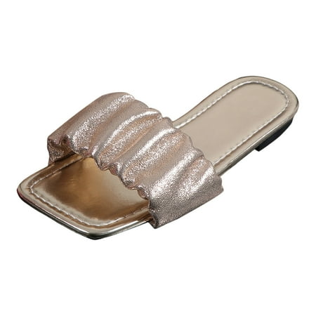 

ZAROYEAX Ladies Summer Fine Glitter Shiny Surface Pleated Soft Leather Square Head Beach Outside Wear Flat Bottom Large Size Sandals Slippers