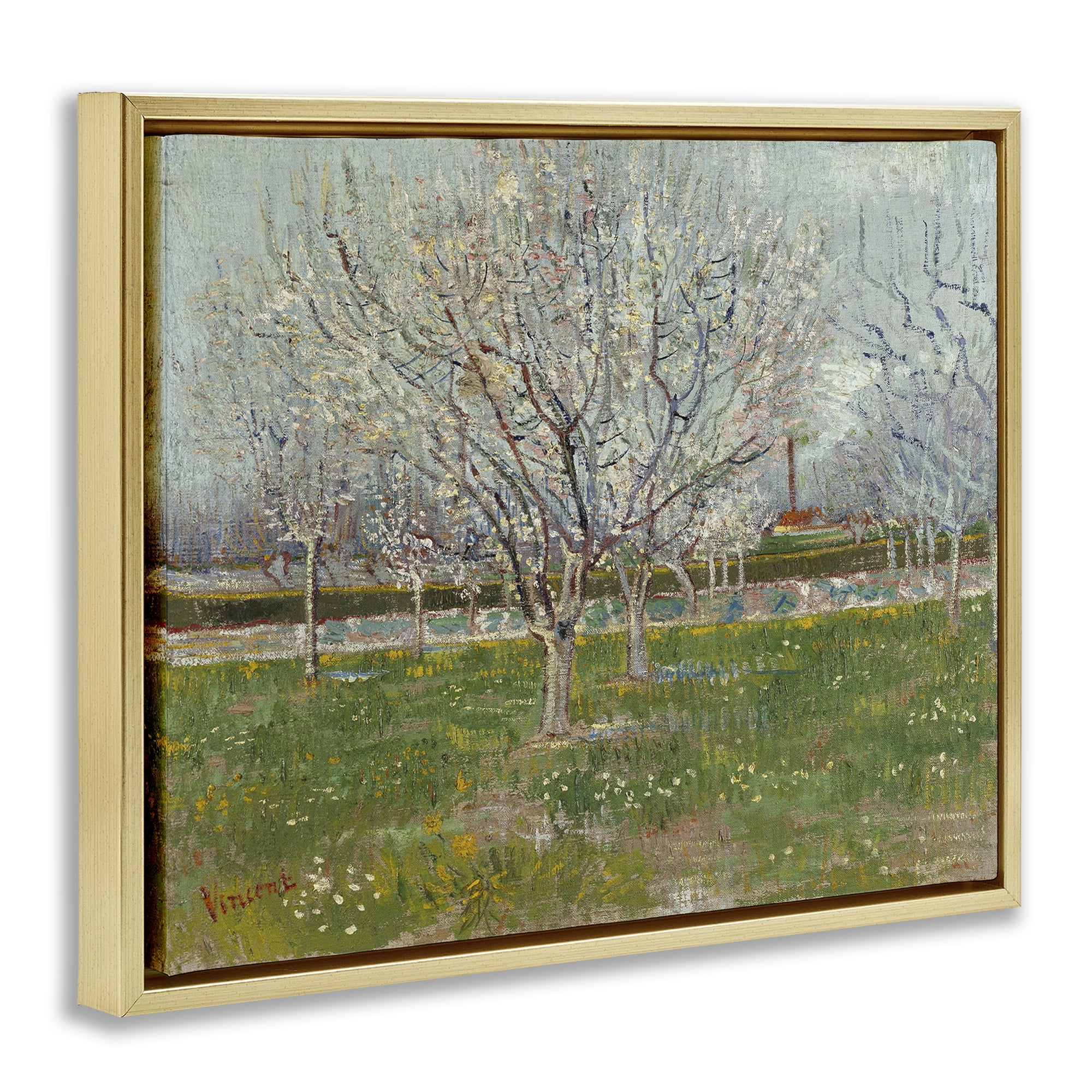 Stupell Industries Van Gogh Orchard in Blossom Landscape & Nature Painting Gold Floater Framed Canvas Art Print Wall Art, 21 x 17