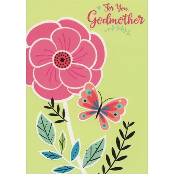 Designer Greetings Large Pink Flower and Red, Blue and Pink Butterfly with Glitter Outlines on Light Green Mother's Day Card for Godmother