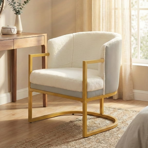 Luckynote Modern Accent Chair Cozy Armchair Upholstered Reading Chair with Gold Metal Frame Living Room, Bedroom, or Office, Beige