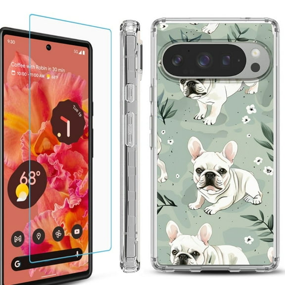 For Google Pixel 9 / 9 Pro Phone Case Cover, Shockproof Bumper Case with Tempered Glass Screen Protector, by OneToughShield - French Bulldog