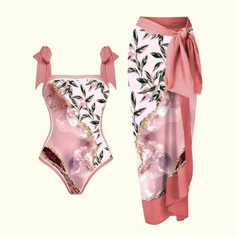 ZQGJB Women Cute Marble Pattern Print Summer One Piece Swimsuits with  Chiffon Wrapped Skirts,Reversible Tie Shoulder Monokini,Tummy Control  Bathing