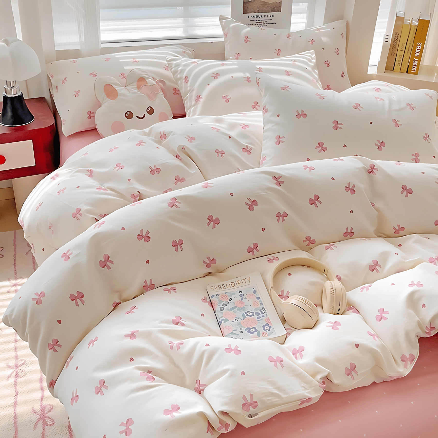 2 Pieces Cartoon Pink Bowknot Pattern on White Duvet Cover Set Boys Girls Teens Gentle Soft Home Cozy and Breathable Bedding Set,Twin Size