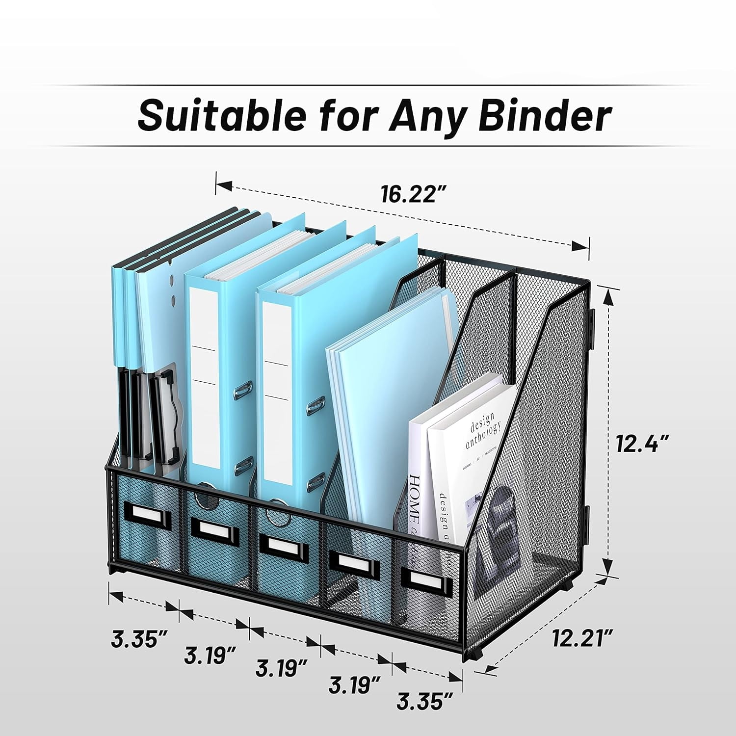 INTIGE Desktop Organizers with 5 Vertical Compartments Rack, File Storage for Office, Home Workspace, Black Plus