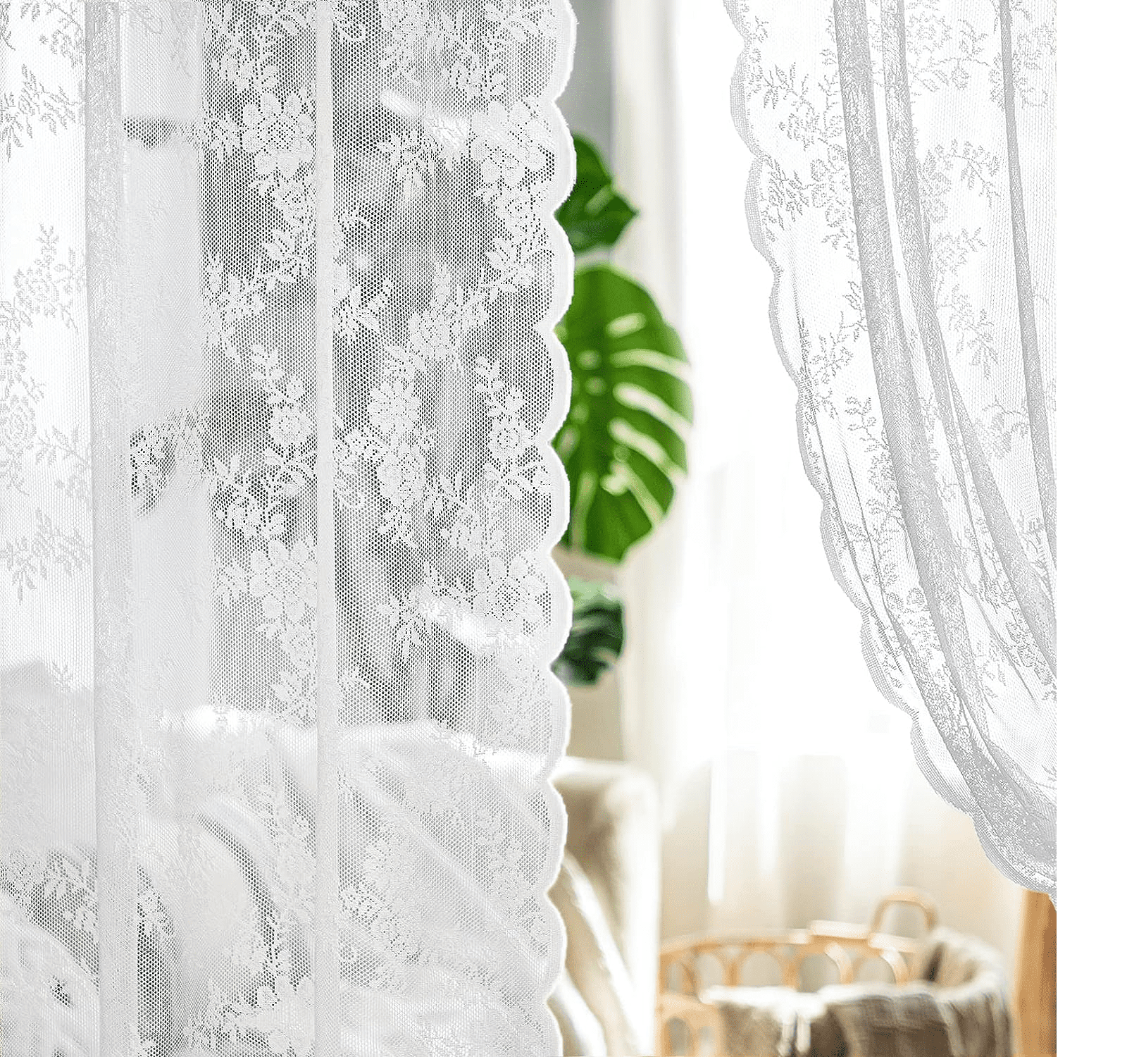 Lace White Sheer Window Curtain Panel Decorative Drapes Set of 2 Panels Size 84"