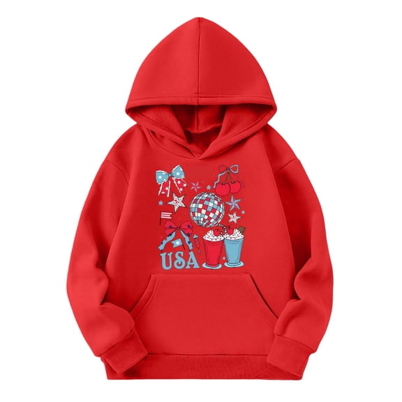 Girls Patriotic Graphic Print Hooded Sweatshirt 4Th Of July Celebration Casual Clothes